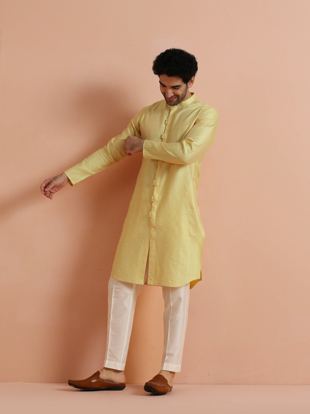 Yellow Jacquard Woven Kurta For Men | SHOBITAM