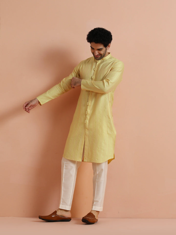Yellow Jacquard Woven Kurta For Men | SHOBITAM