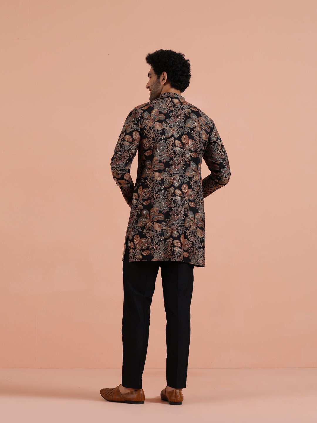 Black Kurta with Golden Floral Print For Men | SHOBITAM