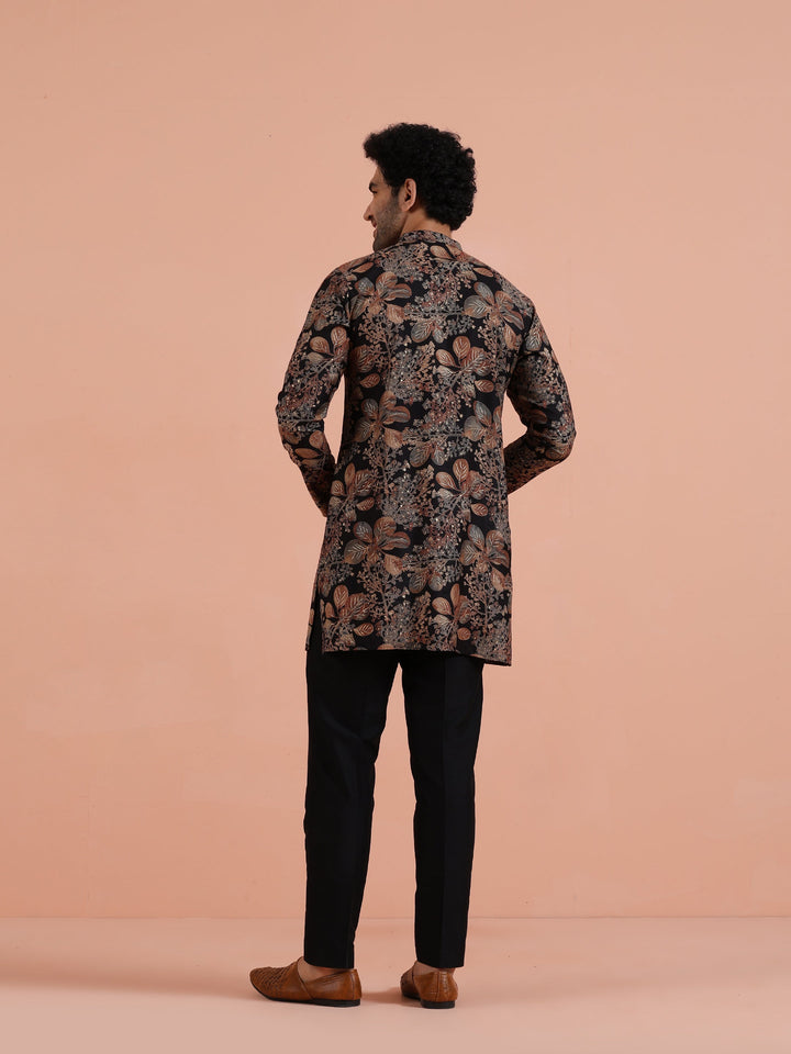 Black Kurta with Golden Floral Print For Men | SHOBITAM