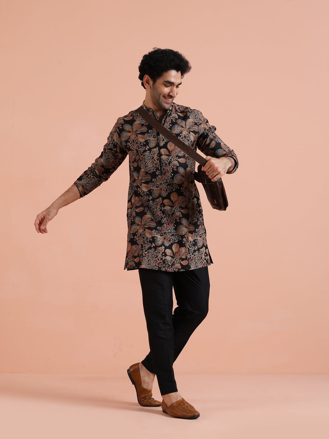 Black Kurta with Golden Floral Print For Men | SHOBITAM