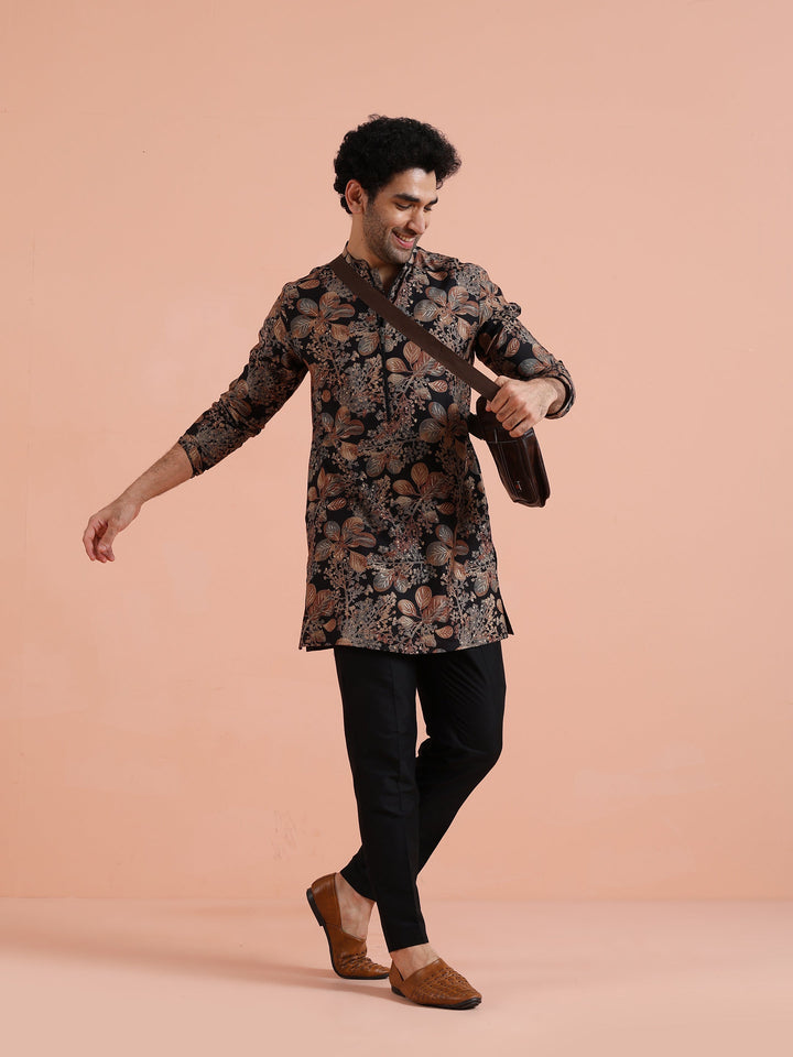 Black Kurta with Golden Floral Print For Men | SHOBITAM