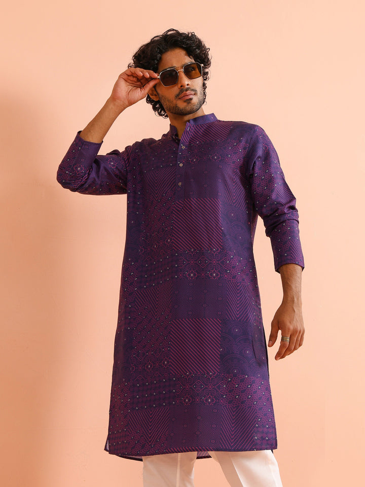 Purple Geometric Printed Kurta in Cotton | SHOBITAM