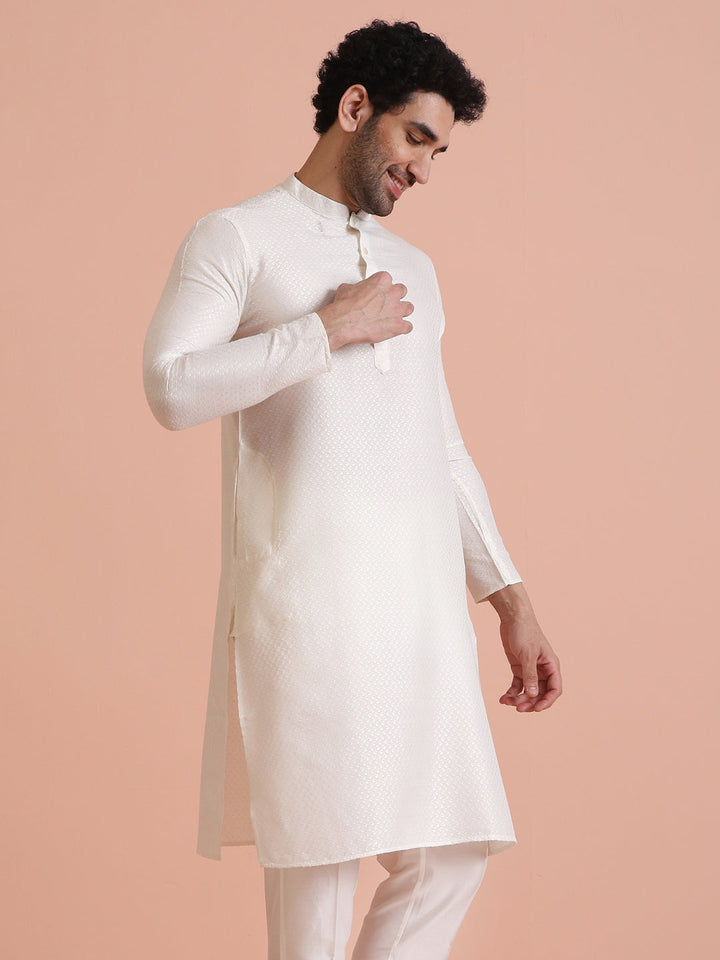 Cream Jacquard Silk Blend Kurta Trouser Set | SHOBITAM