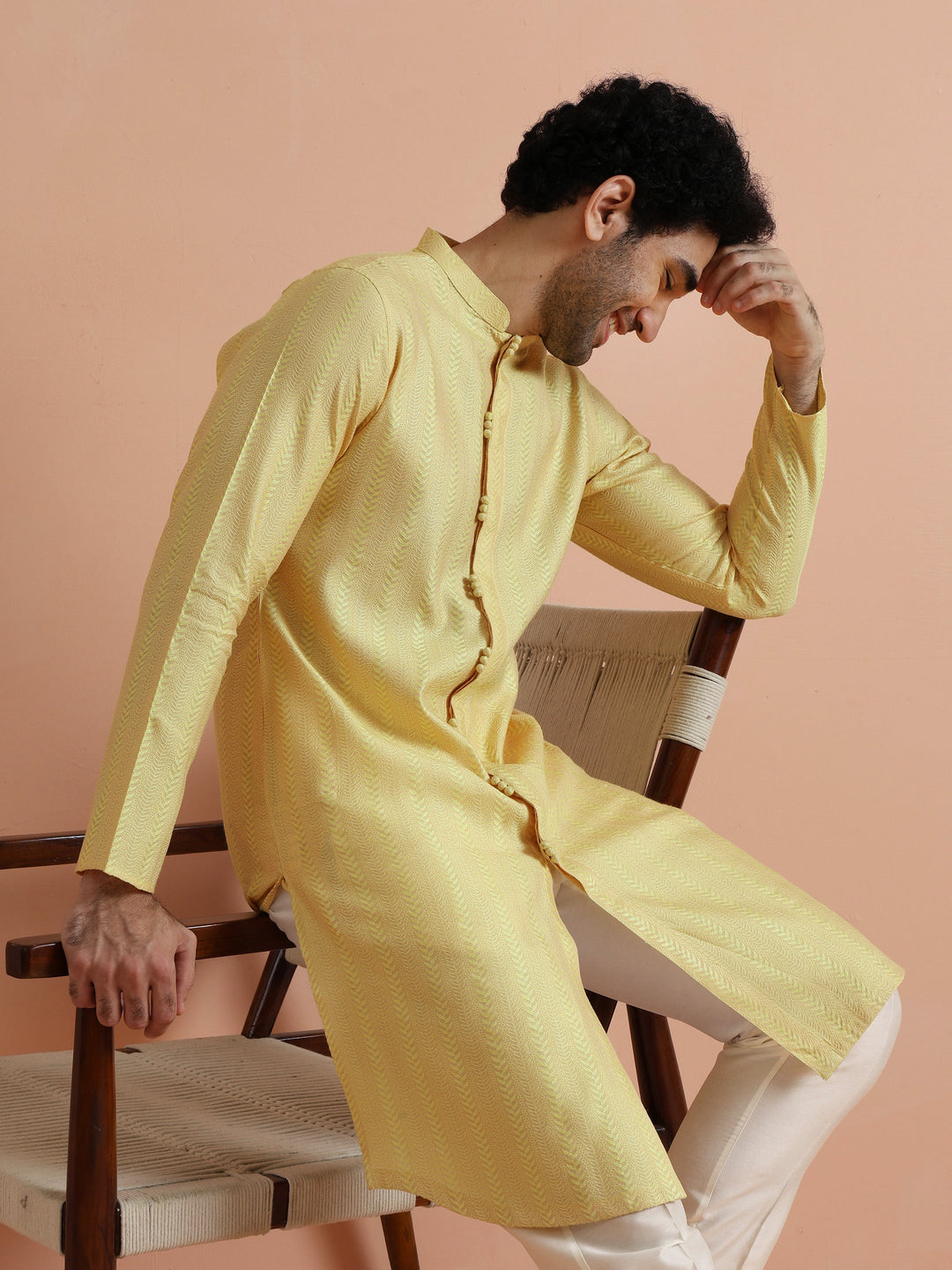 Yellow Jacquard Woven Kurta For Men | SHOBITAM