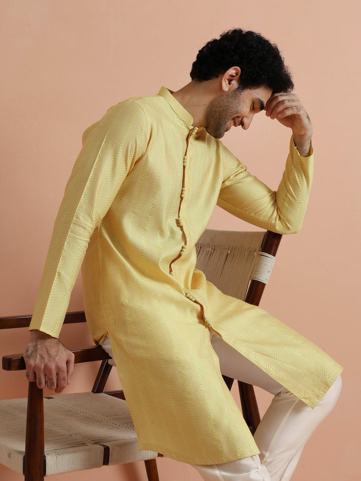Yellow Jacquard Woven Kurta For Men | SHOBITAM