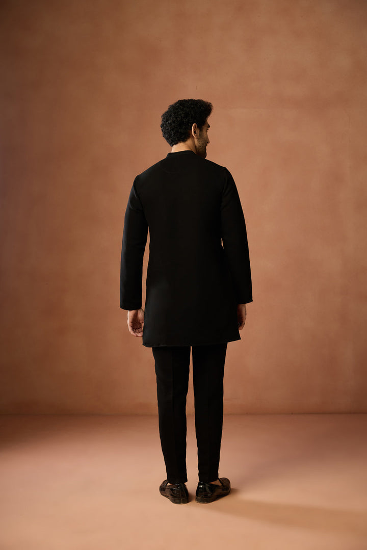 Black Silk Blend Solid Mid Kurta For Men | SHOBITAM