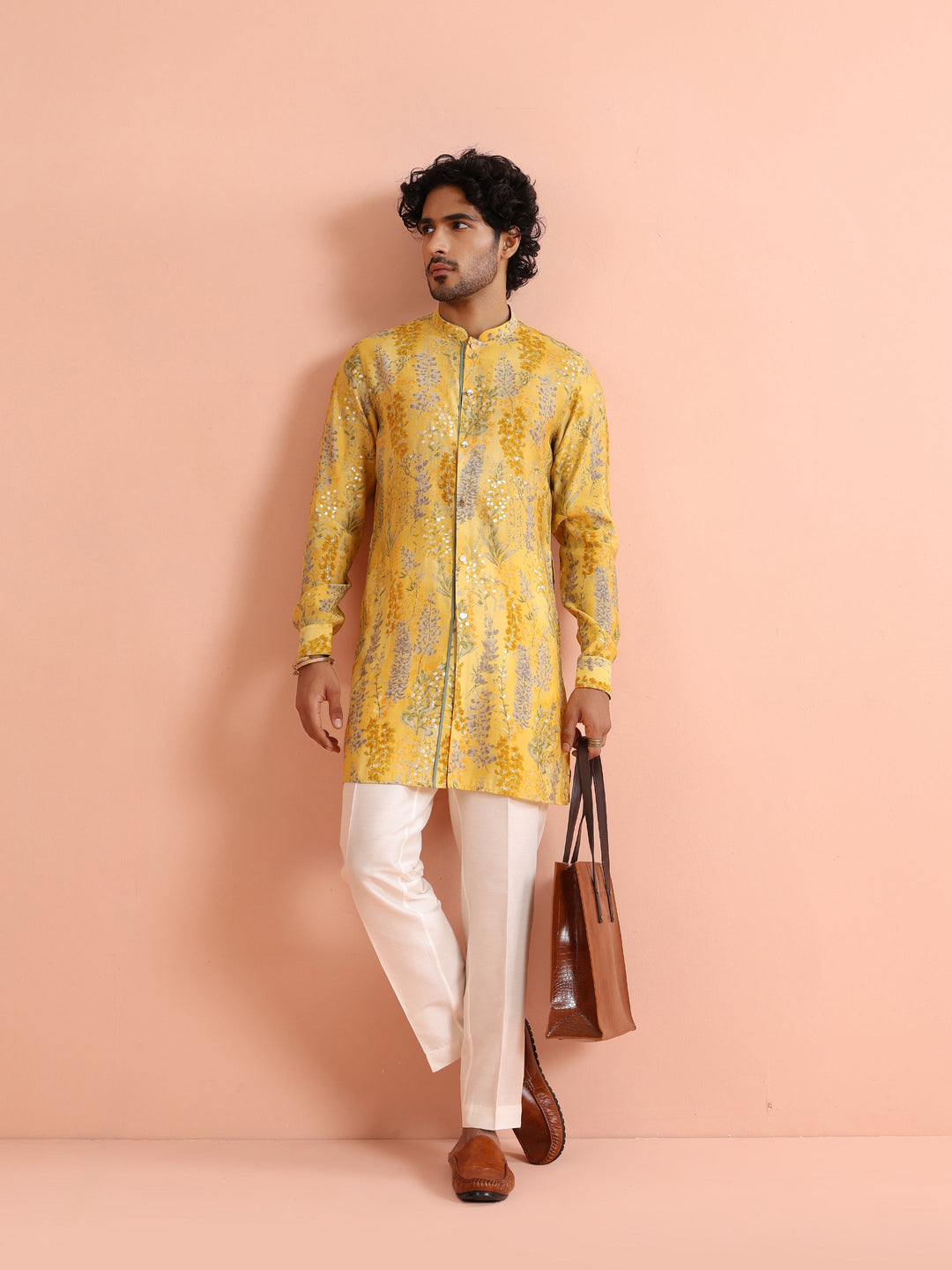 Yellow Floral Sequinned Mid Kurta | SHOBITAM