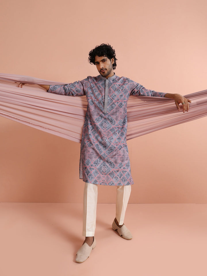 Grey & Pink Geometric Printed Kurta | SHOBITAM