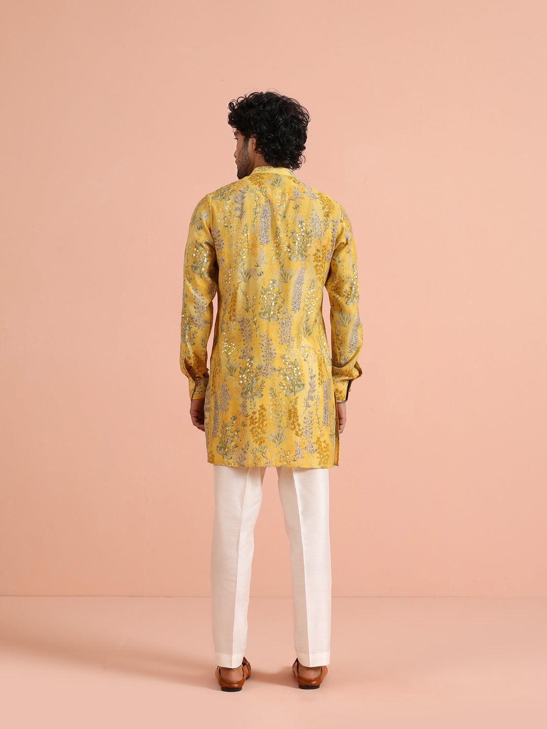 Yellow Floral Sequinned Mid Kurta | SHOBITAM