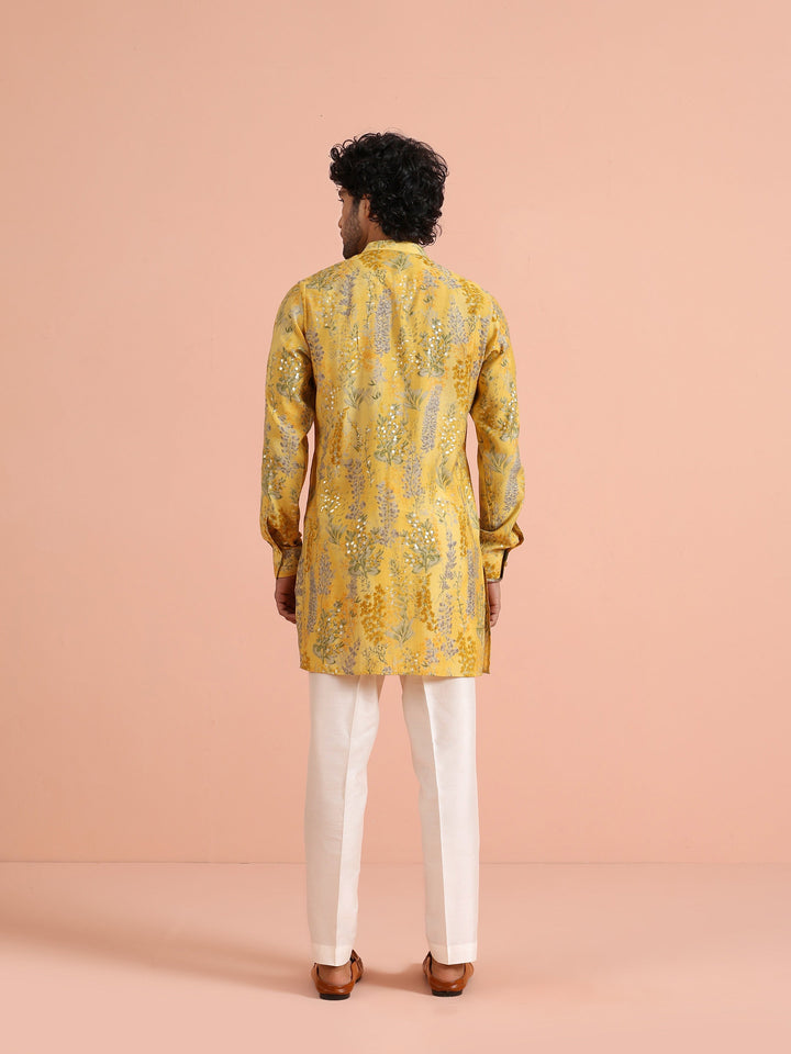Yellow Floral Sequinned Mid Kurta | SHOBITAM