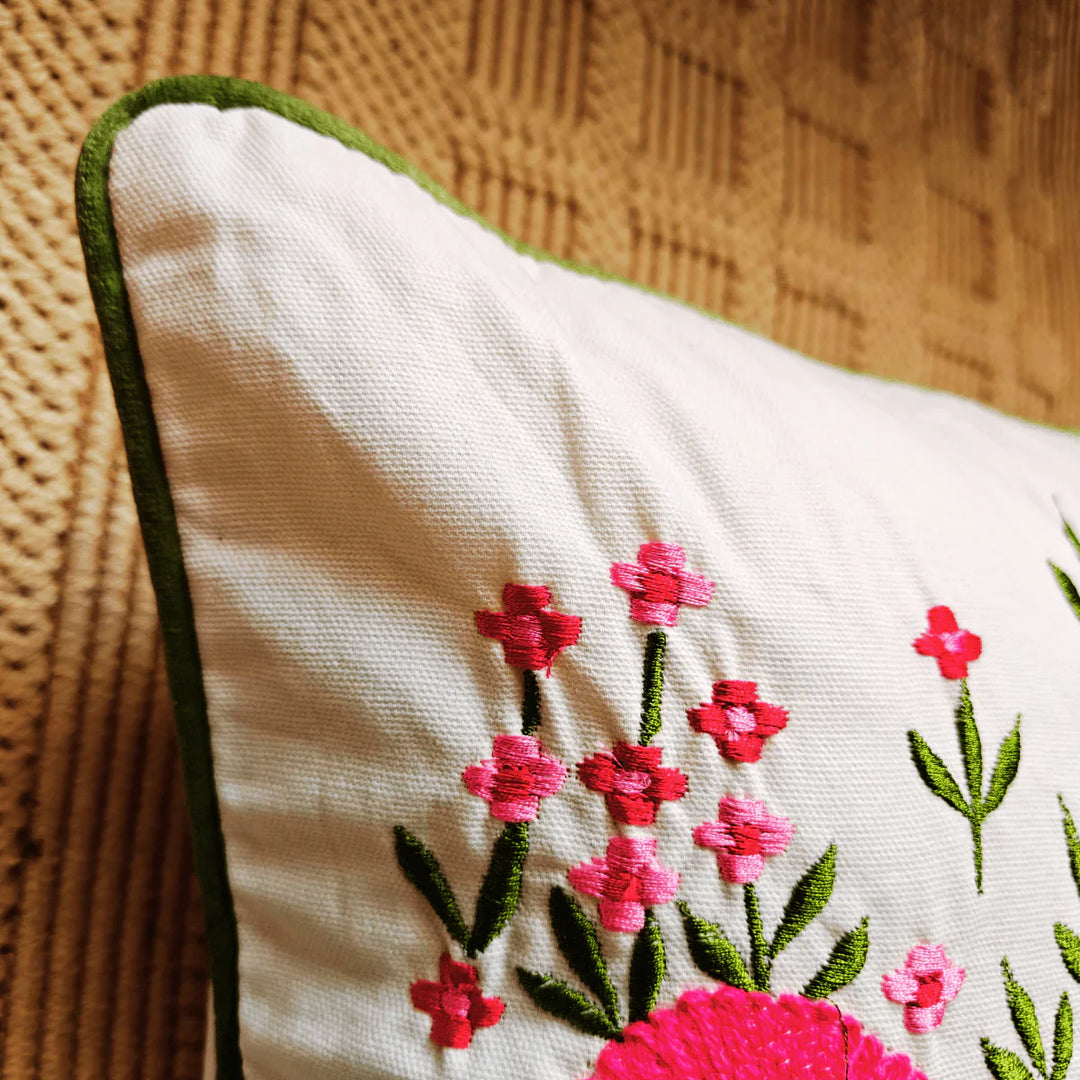 Flora Embroidered Cushion Cover, 16" x 16", Ecru, Pack of 1