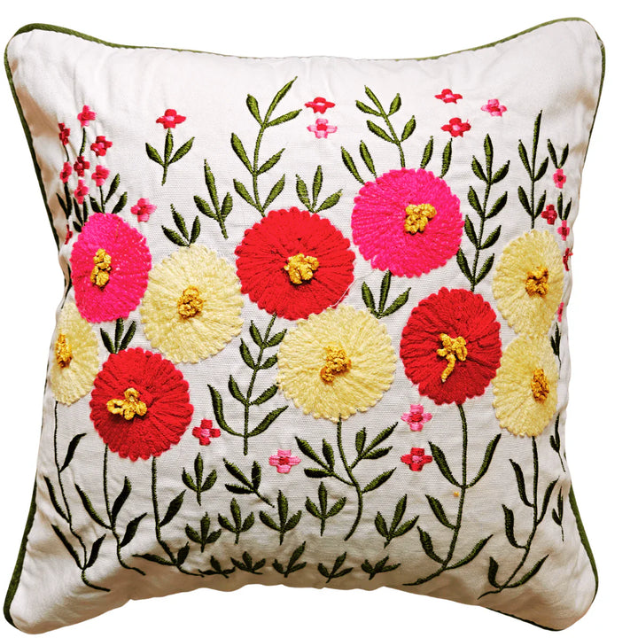 Flora Embroidered Cushion Cover, 16" x 16", Ecru, Pack of 1
