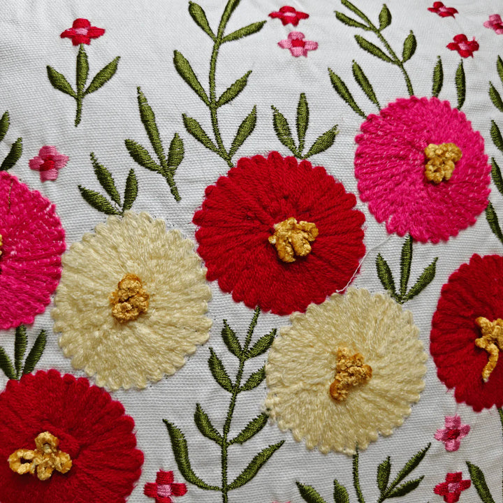 Flora Embroidered Cushion Cover, 16" x 16", Ecru, Pack of 1
