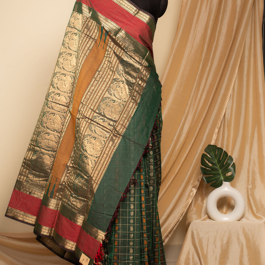 Forest Green 1000 Butta Kanchi Cotton Saree With Zari Kinaavu | SHOBITAM