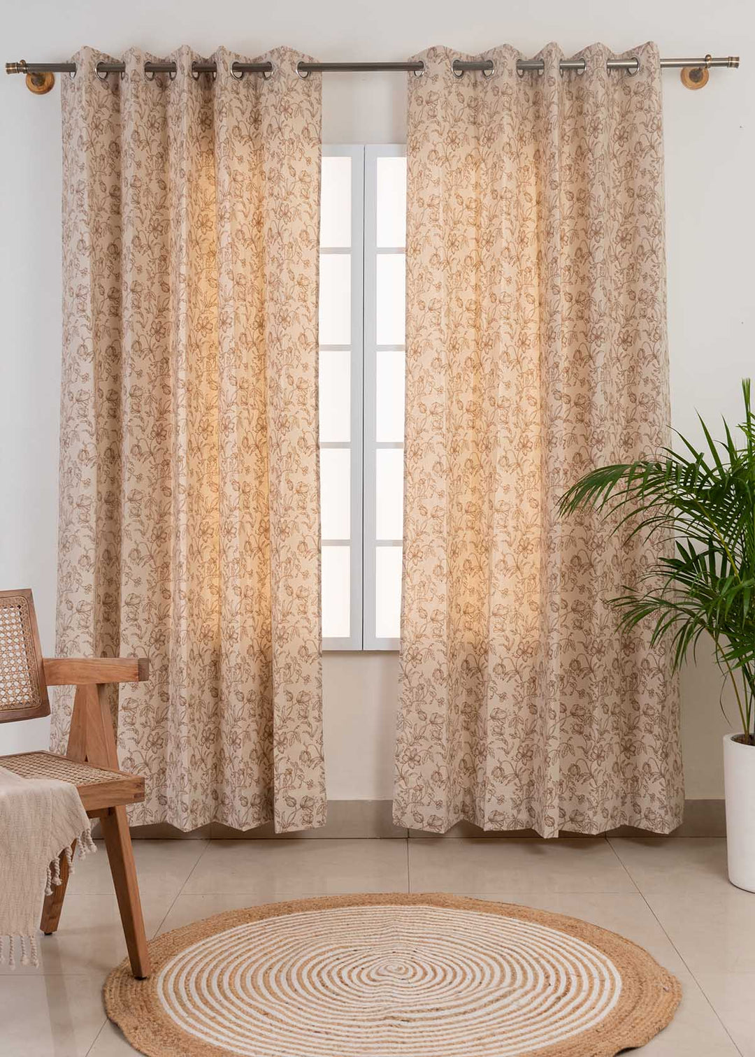 French Farmhouse 100% cotton floral curtain for living room - Room darkening - Beige - Single Piece | SHOBITAM