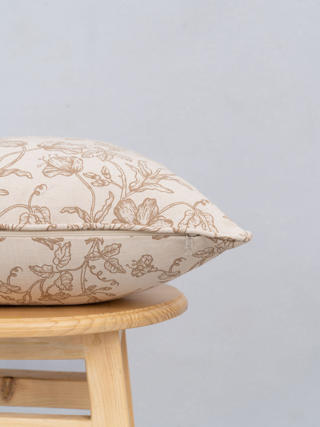 French Farmhouse Beige Floral Cushion Cover for Sofa with Self Piping – 100% Cotton | SHOBITAM
