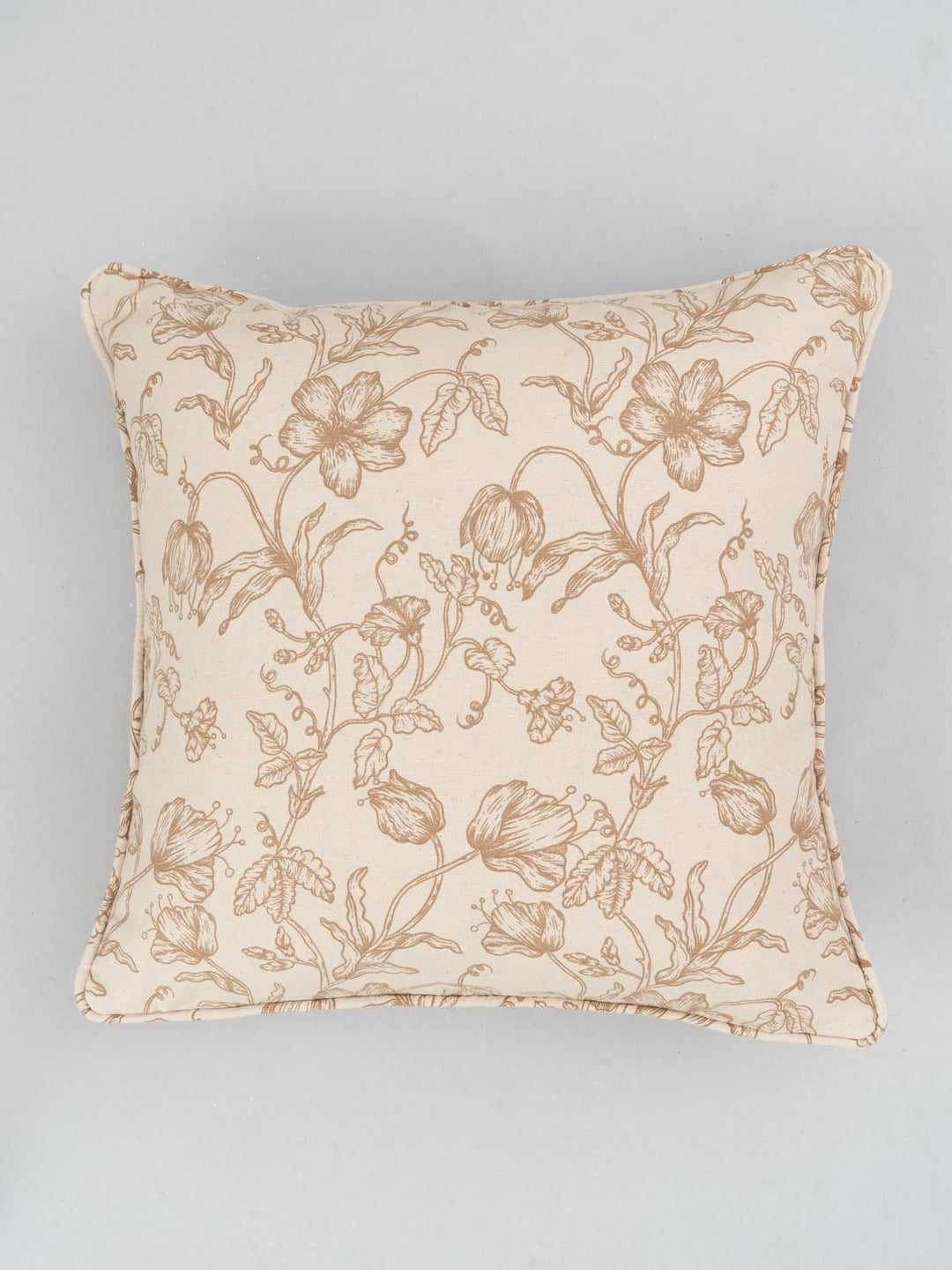 French Farmhouse Beige Floral Cushion Cover for Sofa with Self Piping – 100% Cotton | SHOBITAM