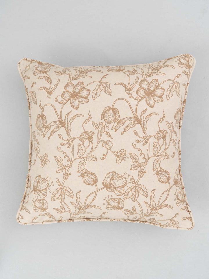 French Farmhouse Beige Floral Cushion Cover for Sofa with Self Piping – 100% Cotton | SHOBITAM
