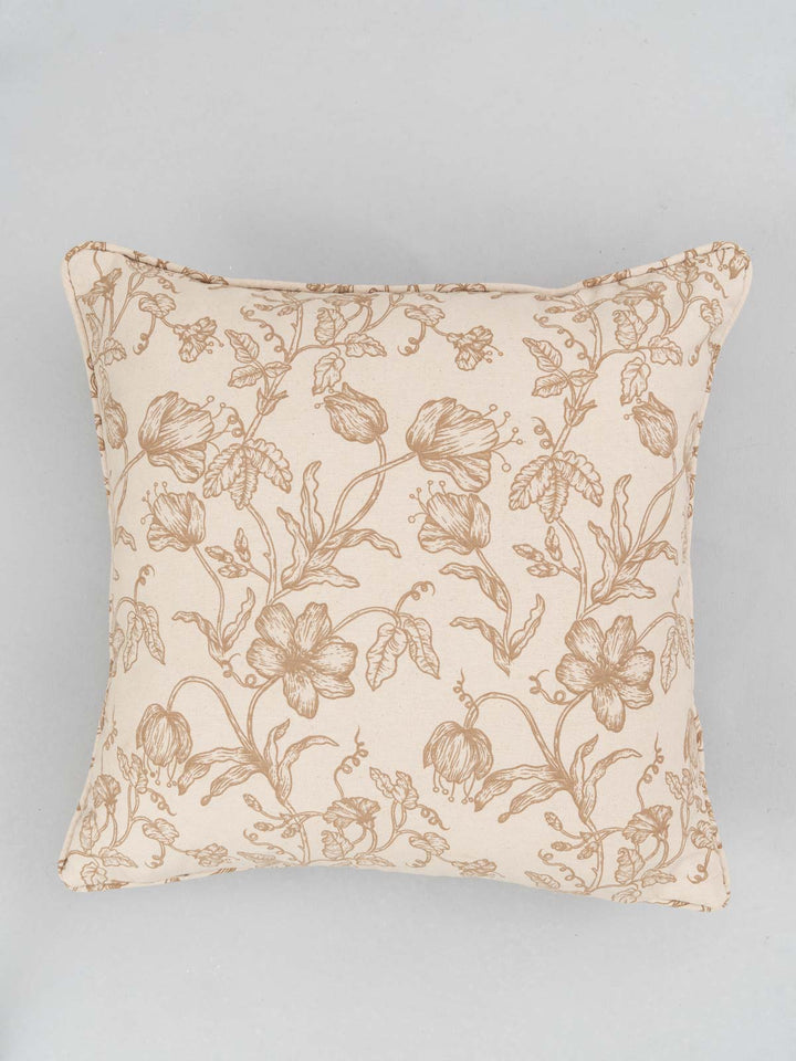 French Farmhouse Beige Floral Cushion Cover for Sofa with Self Piping – 100% Cotton | SHOBITAM