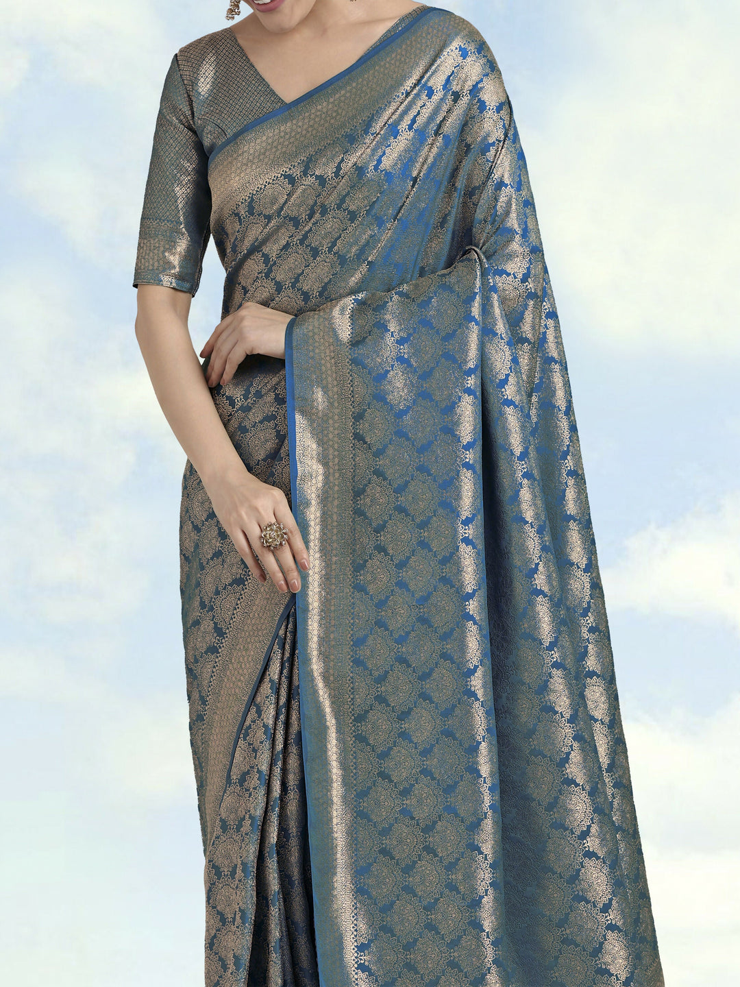Cyan blue Banarasi Satin Silk Zari Weaving Work Saree | SHOBITAM