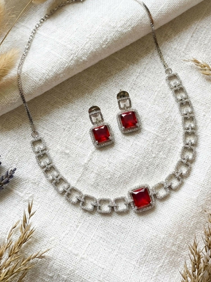 Classic Silver Plated American Diamond Necklace Set | SHOBITAM