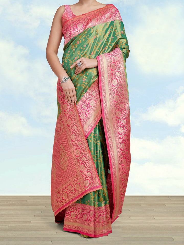 Green Semi Banarasi Tissue Silk Saree With Zari Woven Work | SHOBITAM