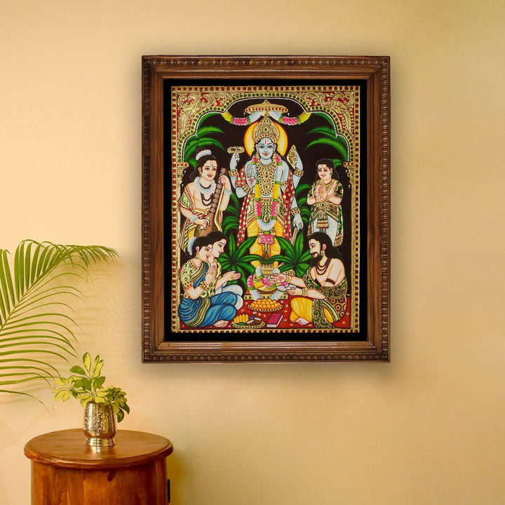 TANJORE PAINTING SATHYANARAYANA With 22 Ct gold Foil and Jaipur Gemstones,Unframed