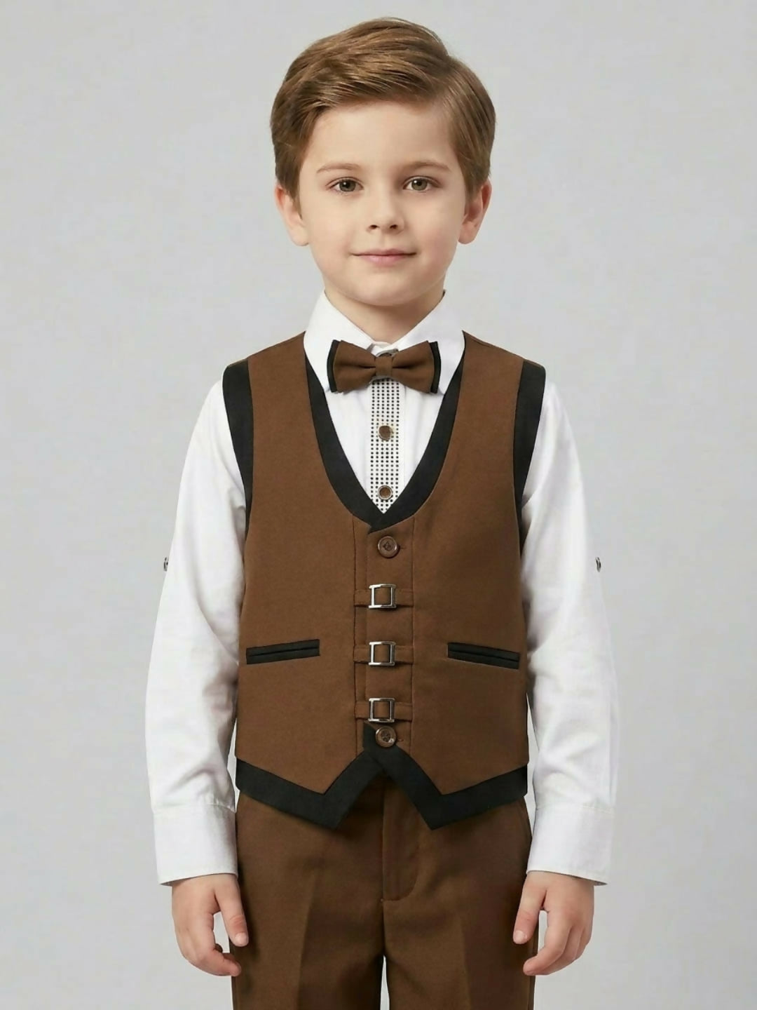Boys Formal Brown Waistcoat Suit Set with Shirt, Trousers and Bow Tie | SHOBITAM
