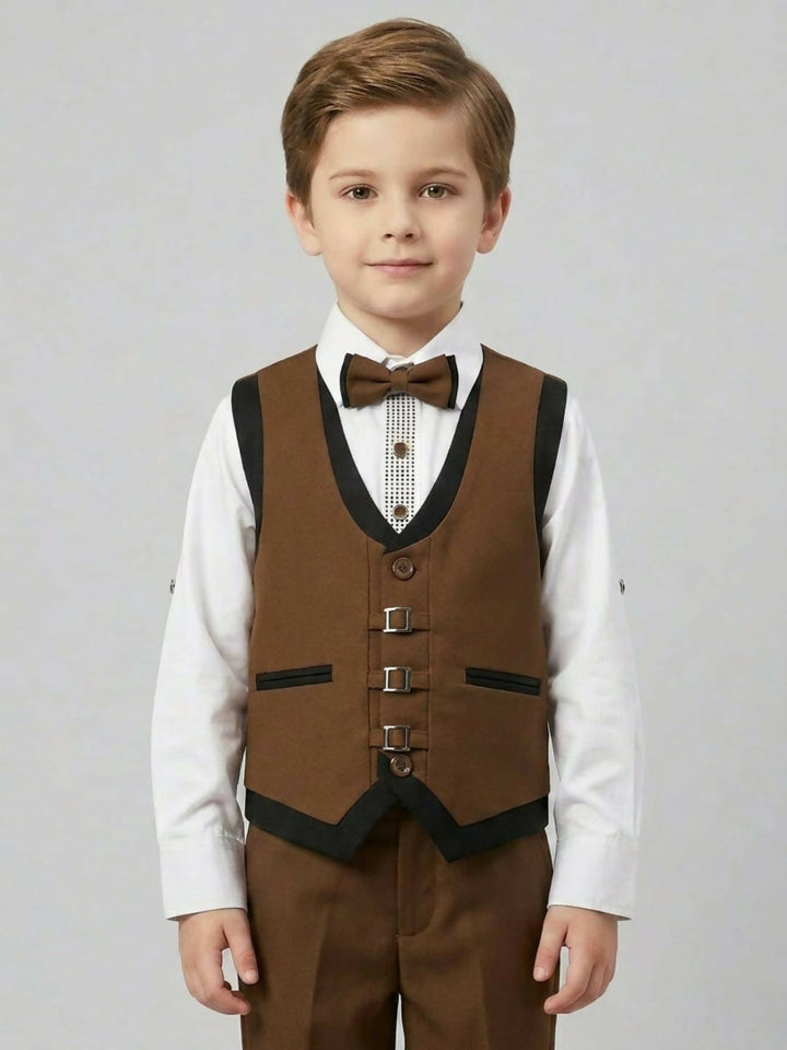 Boys Formal Brown Waistcoat Suit Set with Shirt, Trousers and Bow Tie | SHOBITAM
