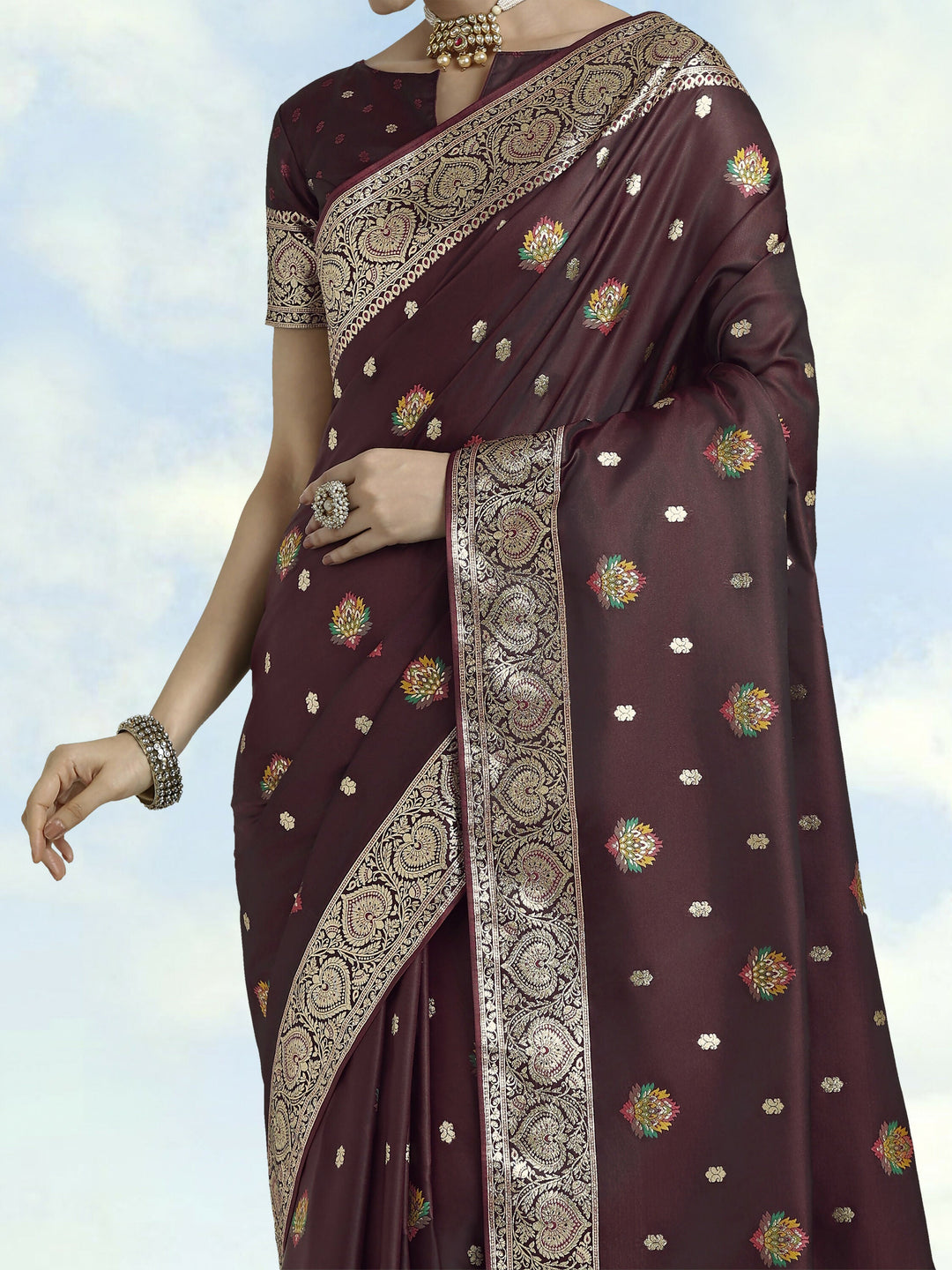 Maroon Banarasi Zari Woven Satin Silk Saree | SHOBITAM