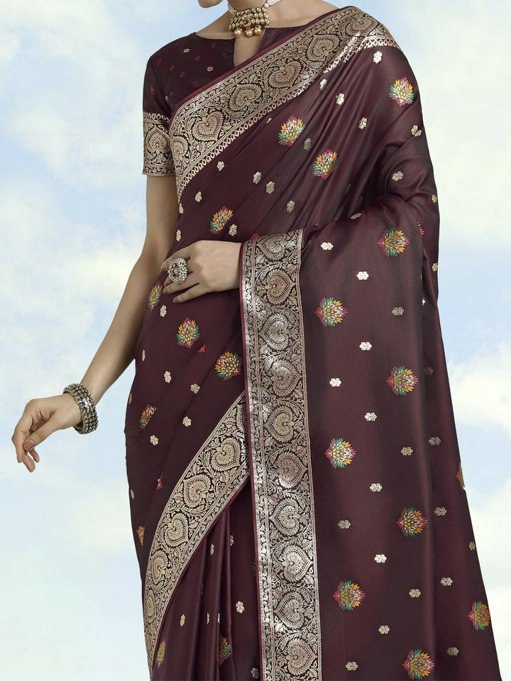 Maroon Banarasi Zari Woven Satin Silk Saree | SHOBITAM