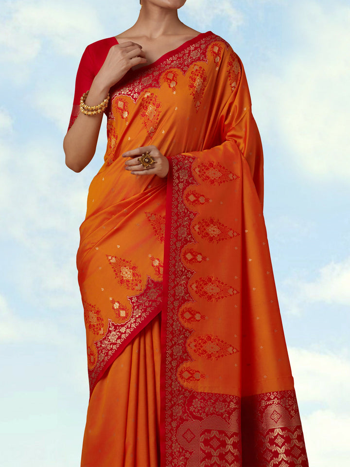Amber Semi Banarasi Silk Blend Saree with Zari Woven Work | SHOBITAM