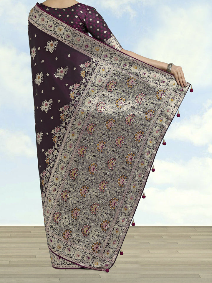 Dark Wine Zari Woven Banarasi Satin Silk Saree | SHOBITAM