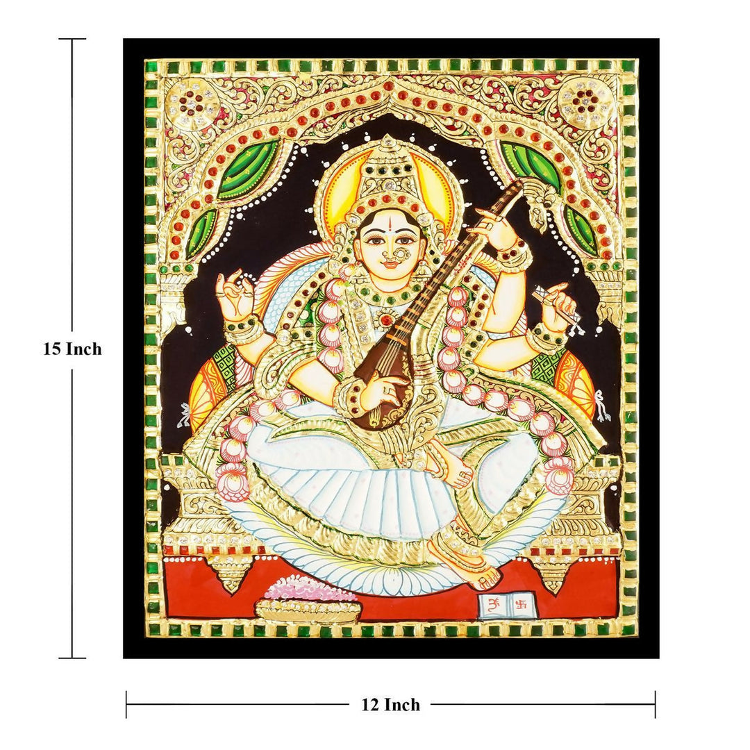 12*15 Authentic TANJORE PAINTING SARASWATHI With 22 Ct gold Foil and Jaipur Gemstones,Unframed | SHOBITAM
