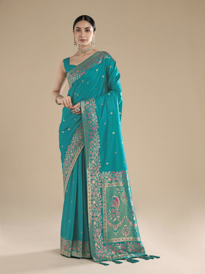 Turquoise Semi Banarasi Satin silk Saree With Zari Border And Butti Work | SHOBITAM