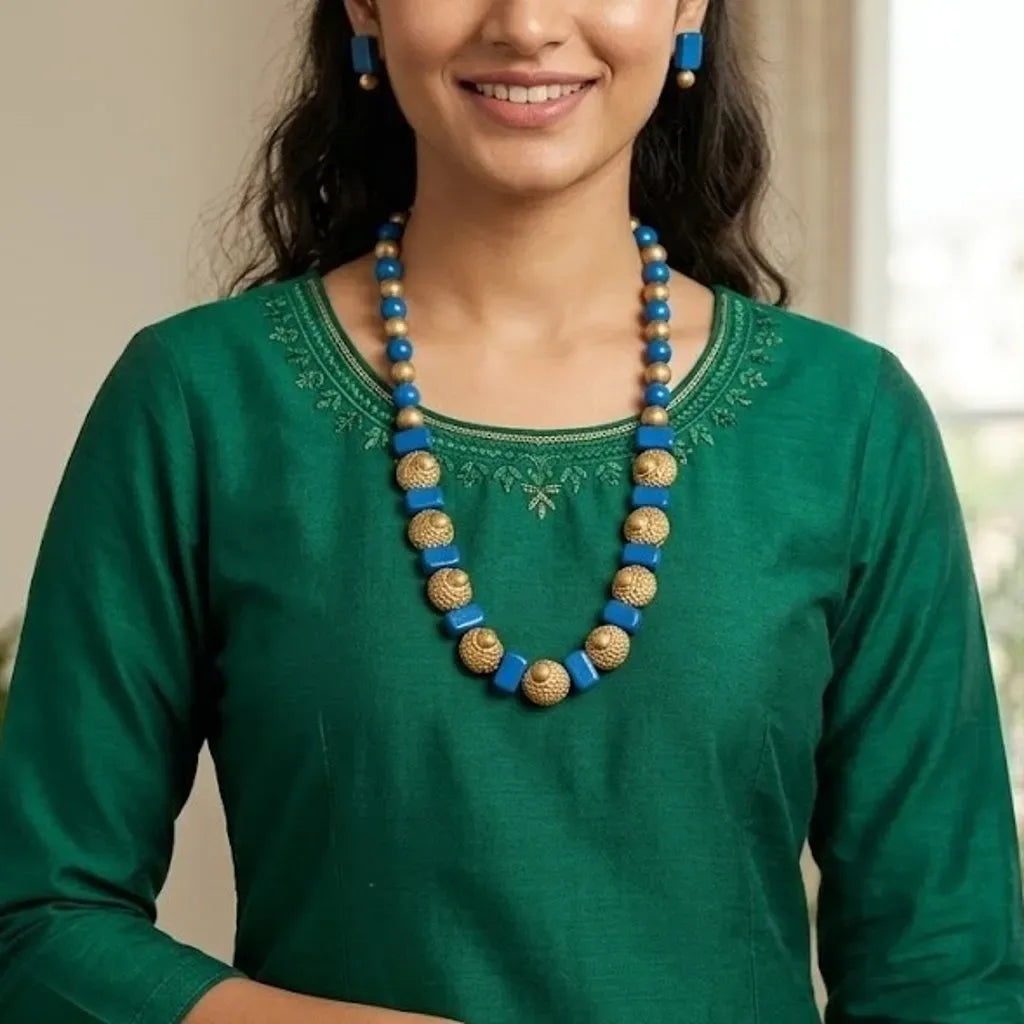 Handmade Blue & Gold Terracotta Beaded Necklace Set| SHOBITAM