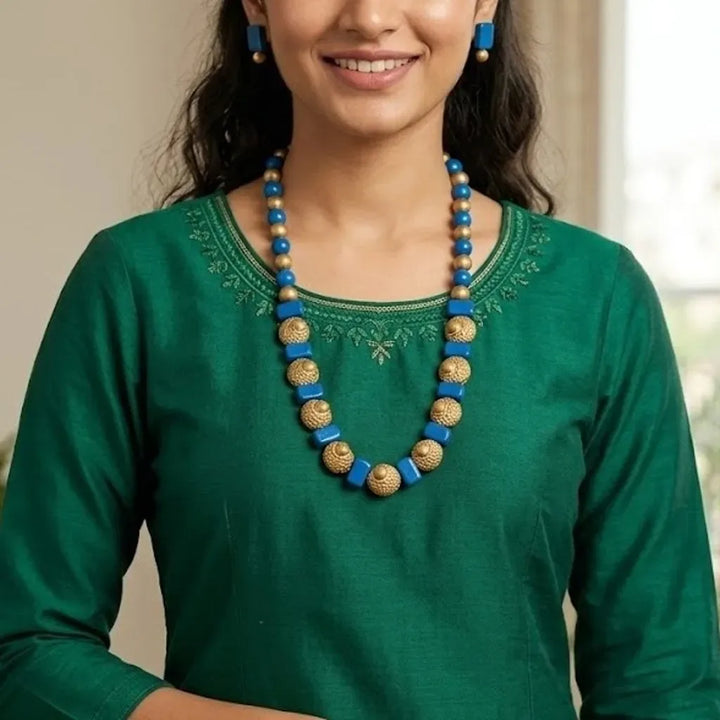 Handmade Blue & Gold Terracotta Beaded Necklace Set| SHOBITAM