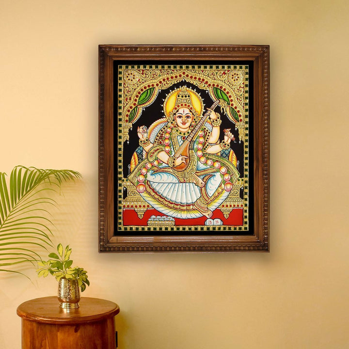 15*12" Saraswathi Tanjore painting Authentic with 22 Ct Gold Foil and Jaipur Gemstones, Unframed | SHOBITAM