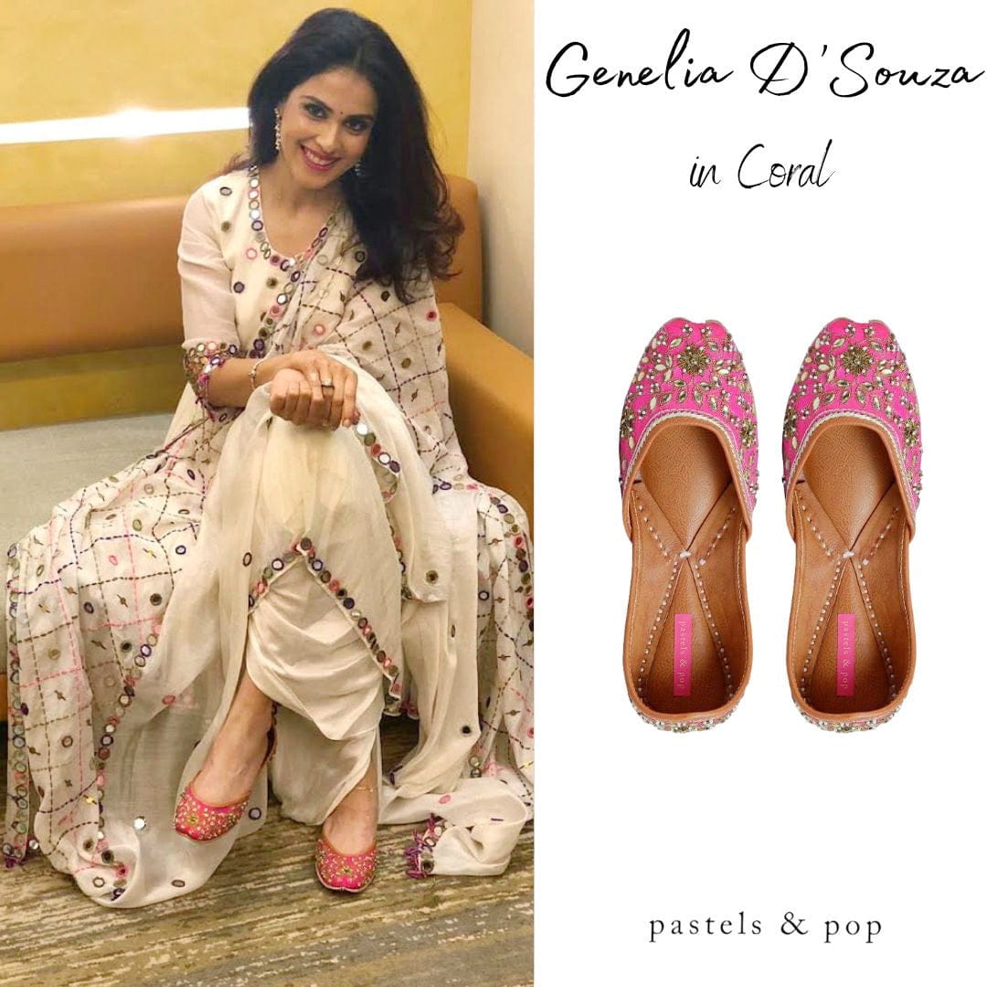 CORAL Traditional Zardozi & Pearl Work Ethnic Mojaris | SHOBITAM