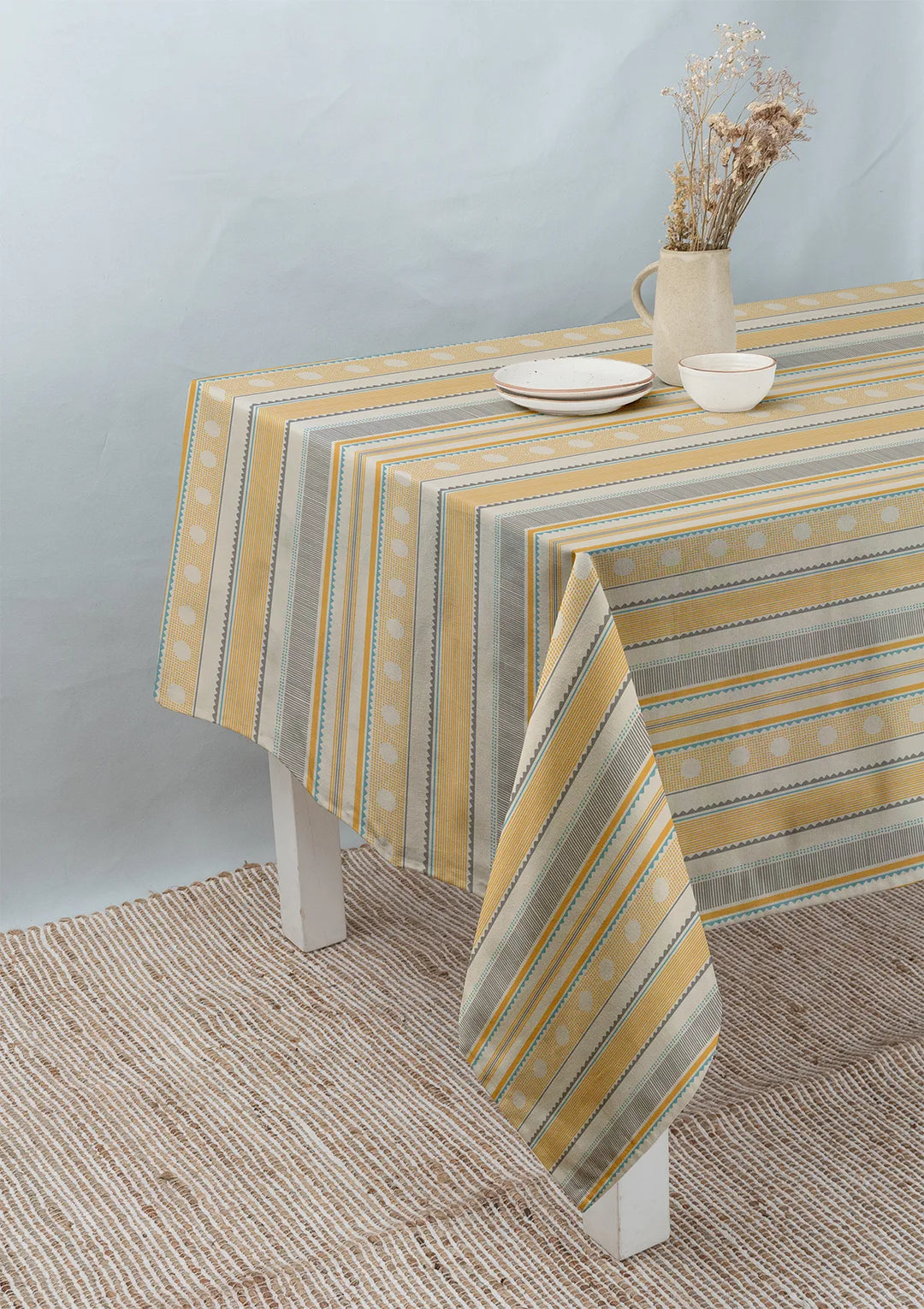 Buru 100% cotton boho table cloth for 4 seater or 6 seater dining - Mustard|SHOBITAM