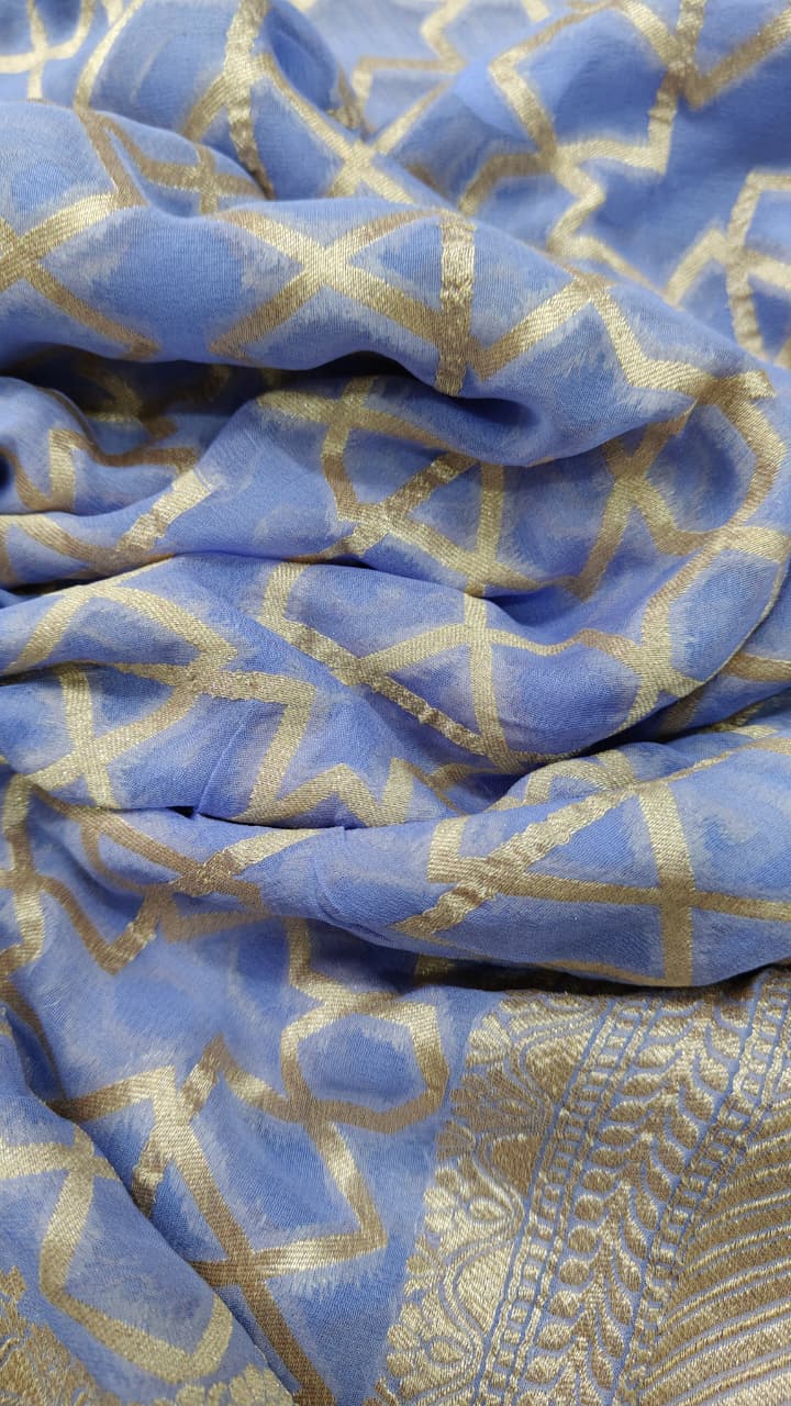 Lilac Banarasi Georgette Silk Saree with Abstract Brocade Jaal and Zari Border | SILK MARK CERTIFIED