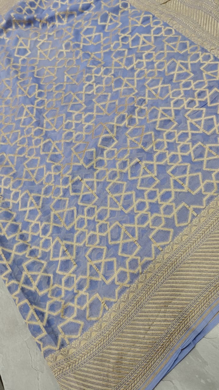 Lilac Banarasi Georgette Silk Saree with Abstract Brocade Jaal and Zari Border | SILK MARK CERTIFIED