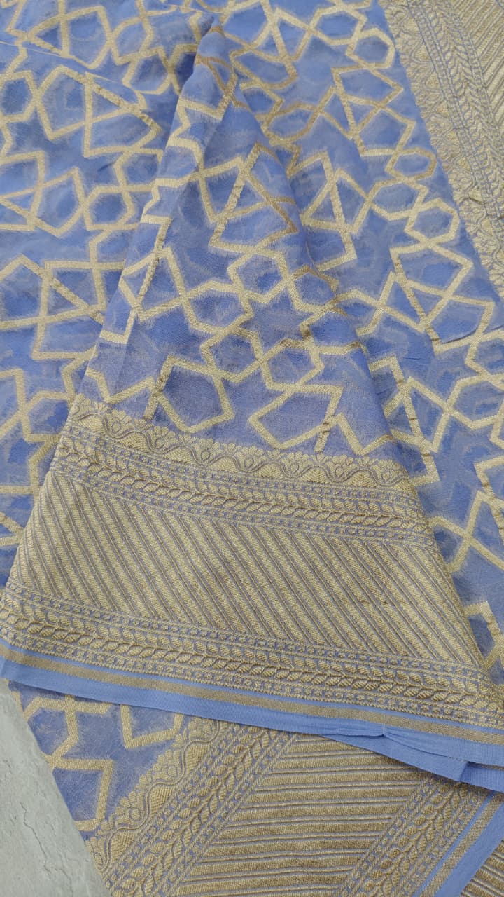 Lilac Banarasi Georgette Silk Saree with Abstract Brocade Jaal and Zari Border | SILK MARK CERTIFIED