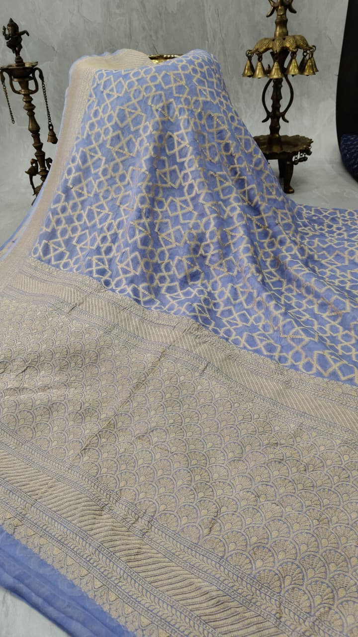 Lilac Banarasi Georgette Silk Saree with Abstract Brocade Jaal and Zari Border | SILK MARK CERTIFIED