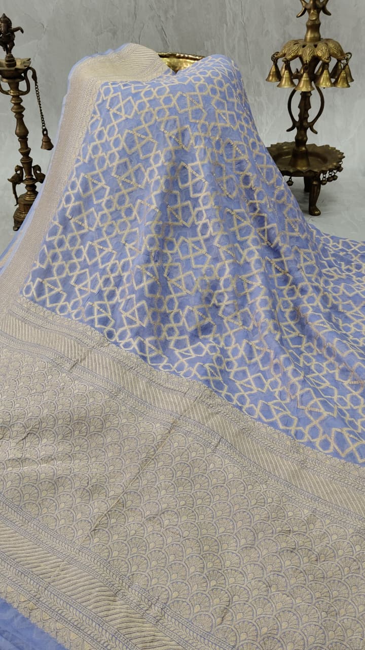 Lilac Banarasi Georgette Silk Saree with Abstract Brocade Jaal and Zari Border | SILK MARK CERTIFIED