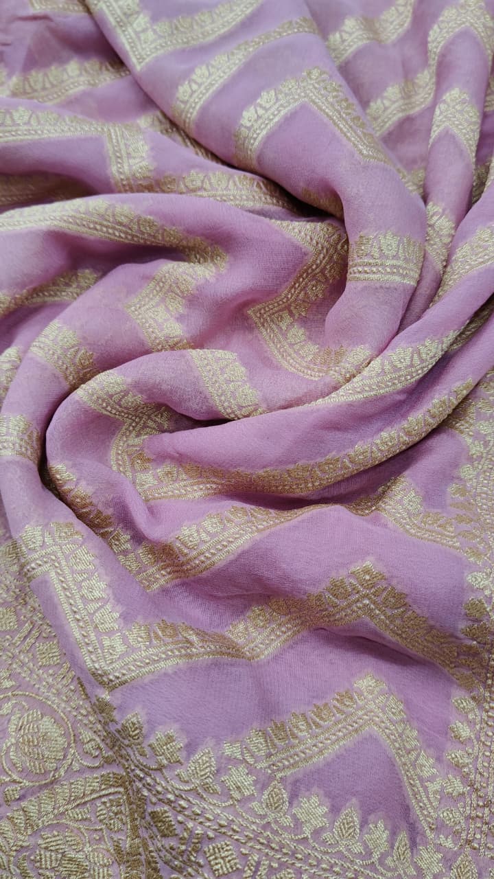 Dusky Pink Banarasi Georgette Silk Saree with Zigzag Pattern and Zari Border | SILK MARK CERTIFIED