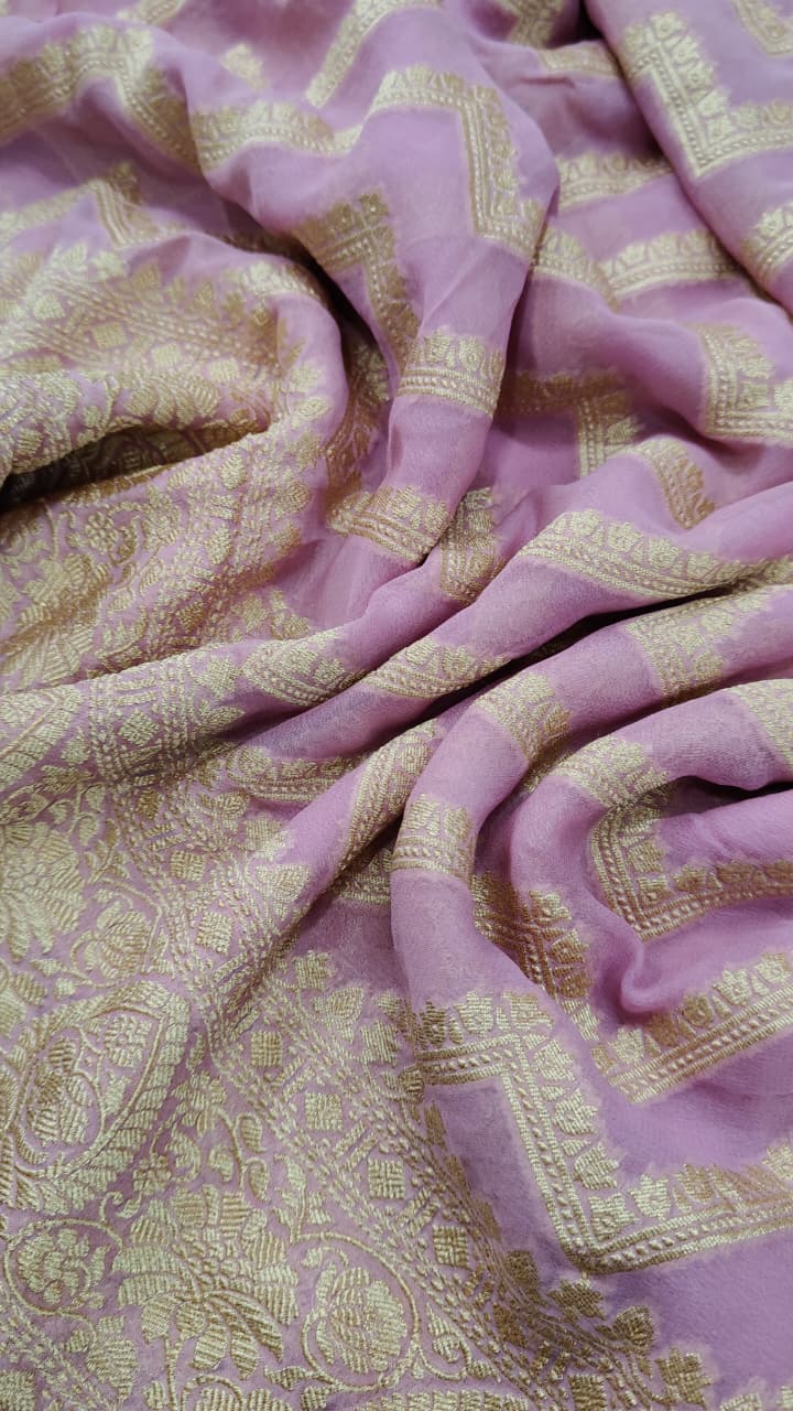 Dusky Pink Banarasi Georgette Silk Saree with Zigzag Pattern and Zari Border | SILK MARK CERTIFIED