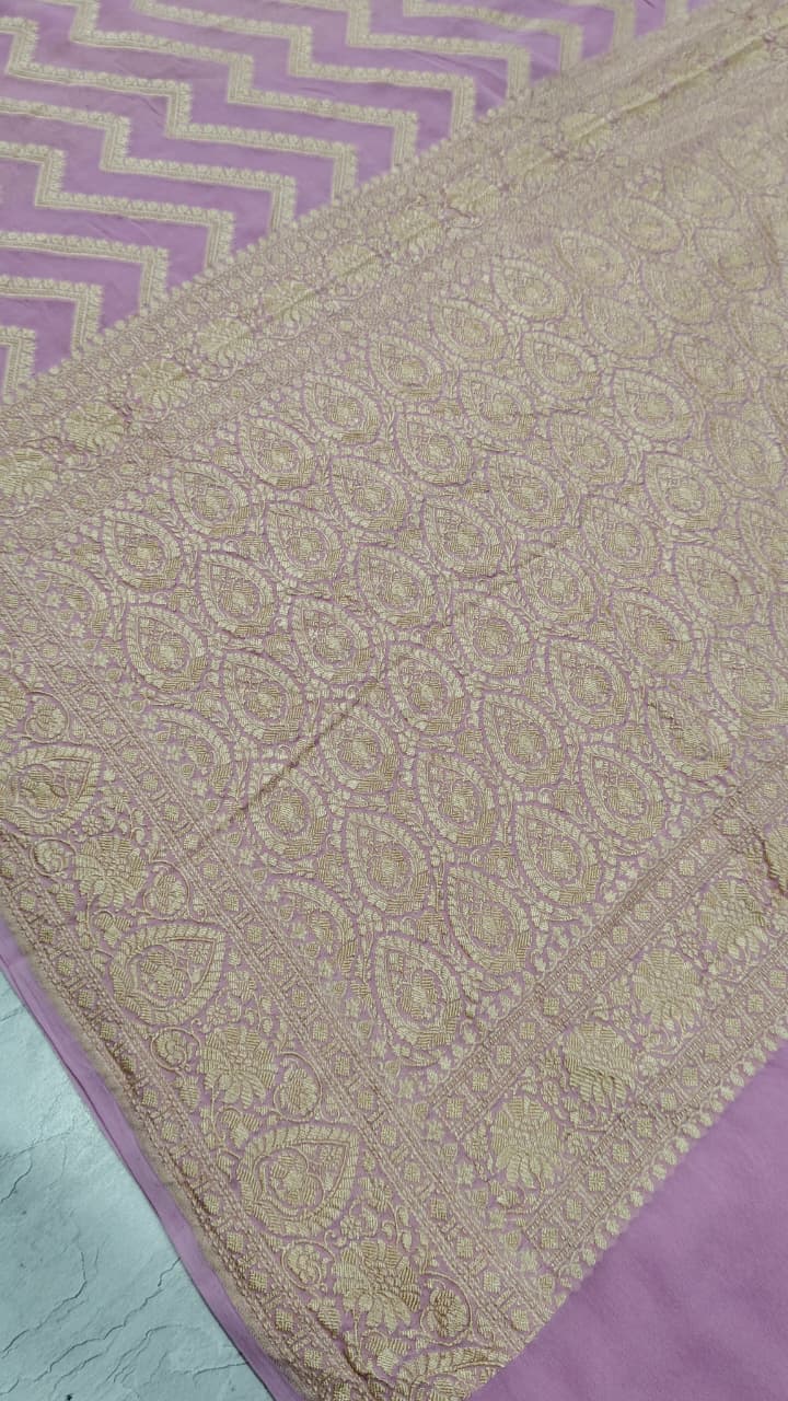 Dusky Pink Banarasi Georgette Silk Saree with Zigzag Pattern and Zari Border | SILK MARK CERTIFIED