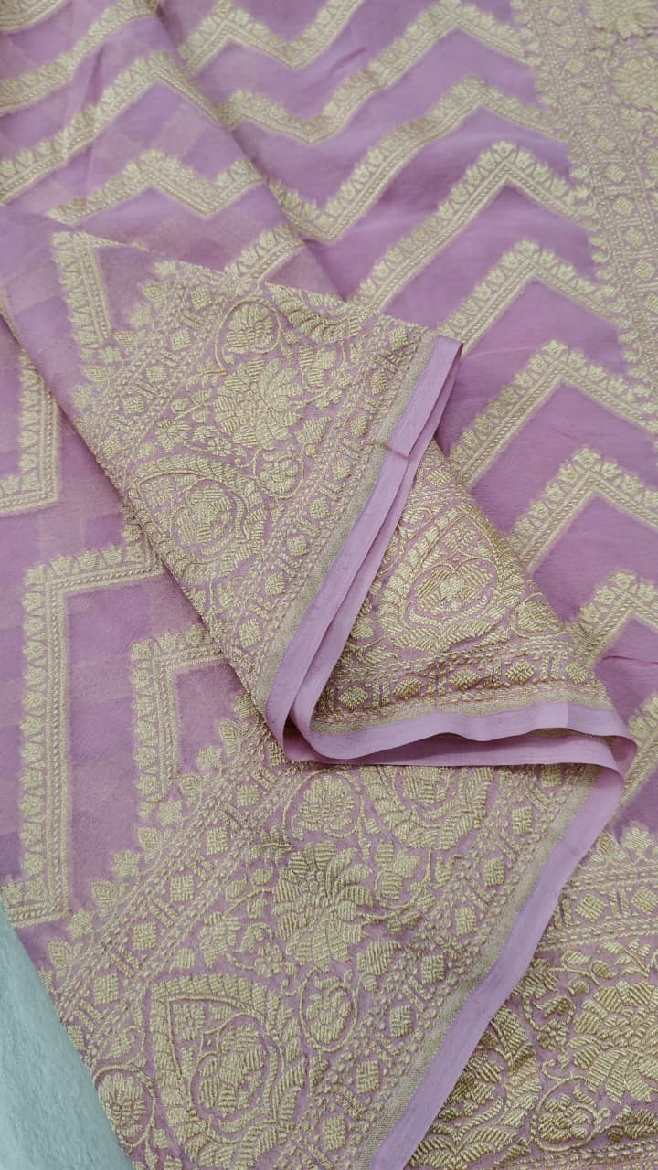 Dusky Pink Banarasi Georgette Silk Saree with Zigzag Pattern and Zari Border | SILK MARK CERTIFIED